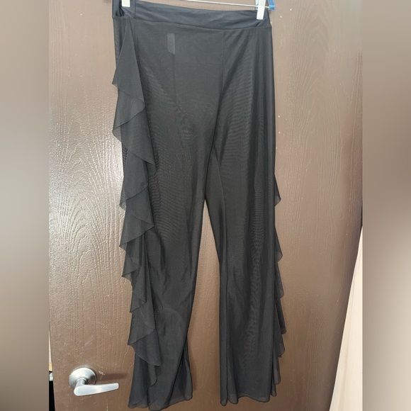 Sheer Ruffle Side Wide-Leg Pants - Black - Picture 2 of 4